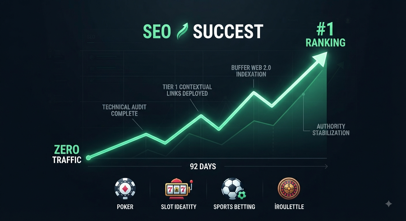 An infographic tracking the rapid SEO growth of an iGaming website, showing a steep traffic increase to the #1 position in 92 days through strategic link building.