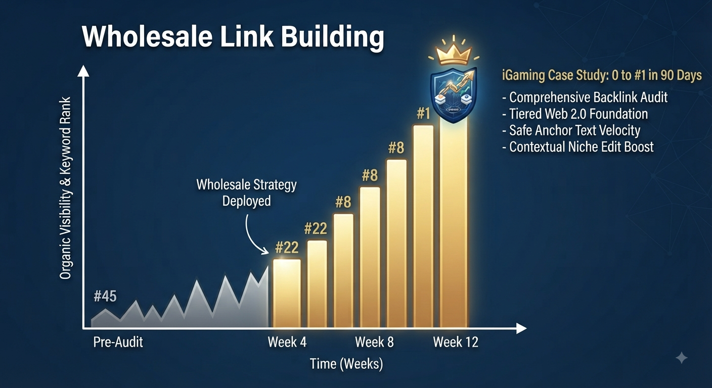 Performance chart showing dramatic organic rank increase from position 45 to 1 in 90 days using wholesale SEO strategies.