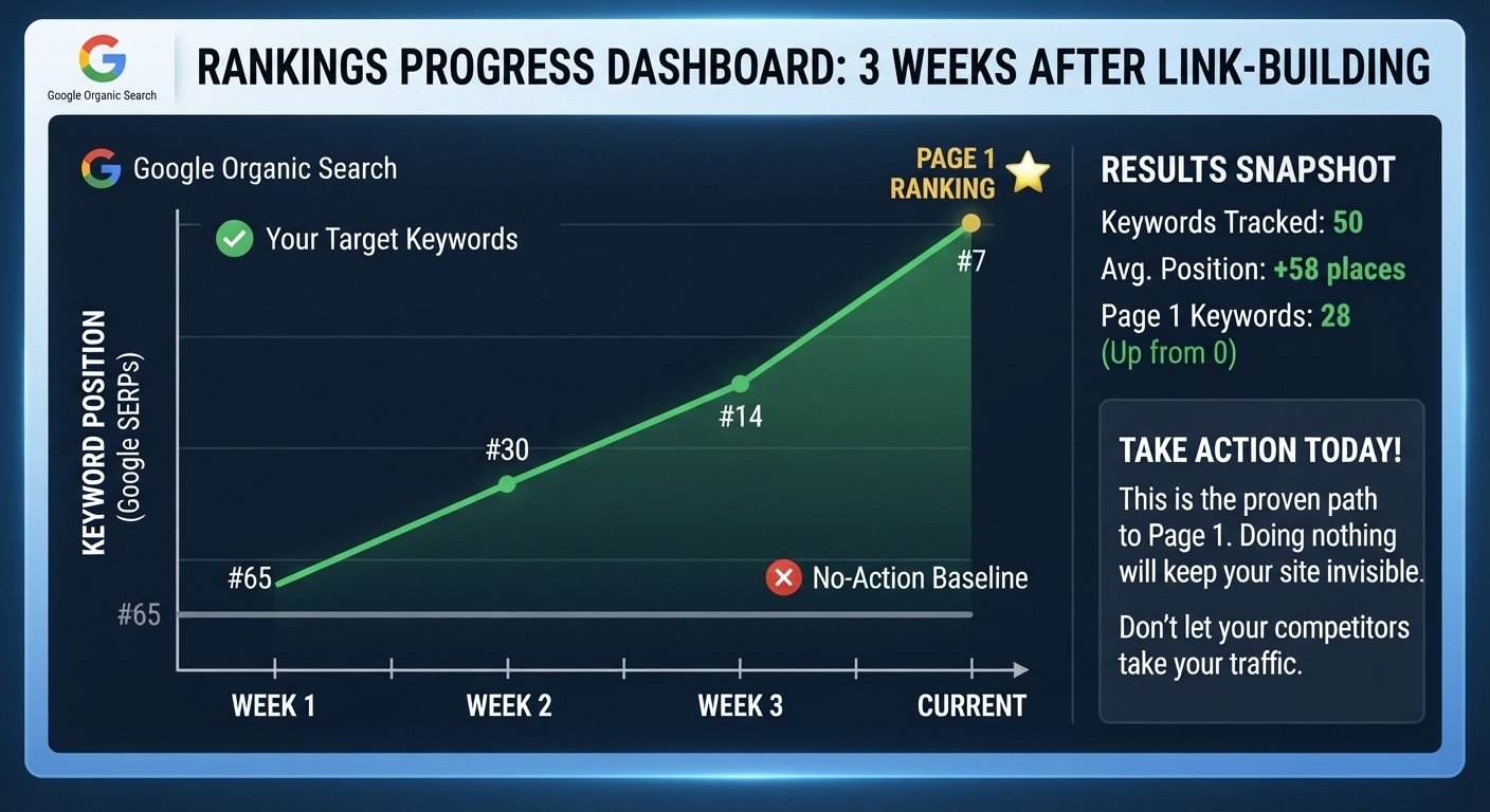 Google organic SERP ranking improvement graph showing keyword movement from position #65 to #7 over 3 weeks