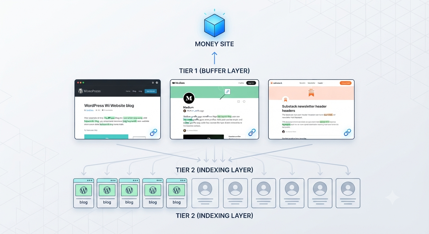 Infographic showing a tiered structure where the money site is insulated by a Tier 1 of branded Web 2.0 properties (WordPress, Medium, Substack), which are supported by a Tier 2 indexing layer.