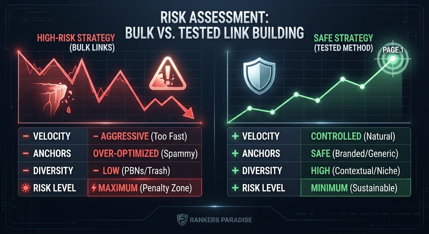 A technical infographic dashboard contrasting a 'High-Risk Strategy' (red, plunging graph, penalty warnings) against a 'Safe Strategy' (green, ascending graph, secure shield) across key metrics like Velocity, Anchors, and Diversity.