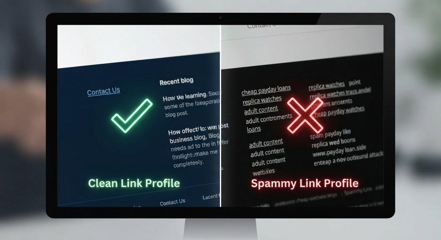 Split-screen macro view of a computer monitor comparing a clean, professional website footer (green checkmark) against a chaotic, spammy footer full of unrelated links (red X).