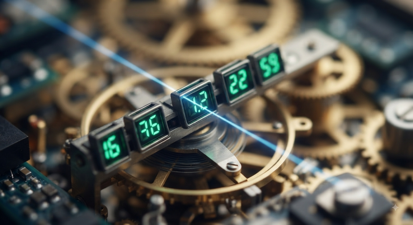 A macro visualization of a mechanical clock escapement with digital displays showing rapid upward-ticking green numbers.