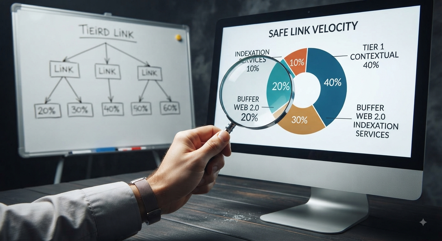 A detailed view of a data chart analyzing safe link velocity, showing the percentage split between Tier 1, Web 2.0 buffer sites, and indexation services.