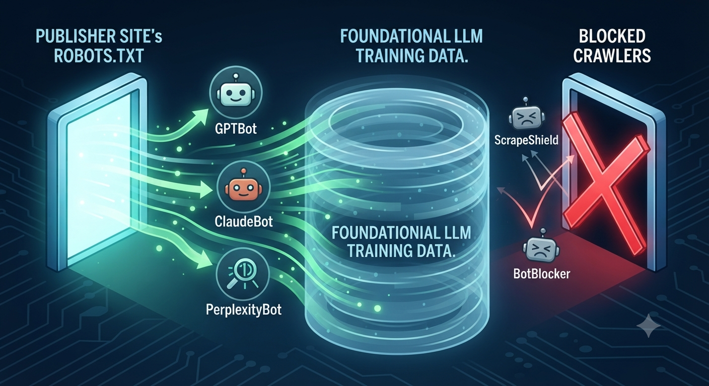 Illustration showing an open gateway for allowed bots (GPTBot, ClaudeBot) to access a massive LLM training data reservoir, contrasted by a closed gate for blocked bots.