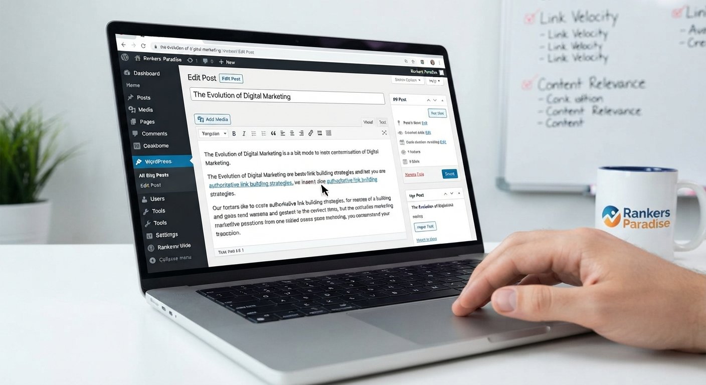 A close-up photograph of a hand on a laptop trackpad, with a WordPress 'Edit Post' screen visible. The cursor is hovering over text, about to insert a hyperlink, emphasizing manual placement.