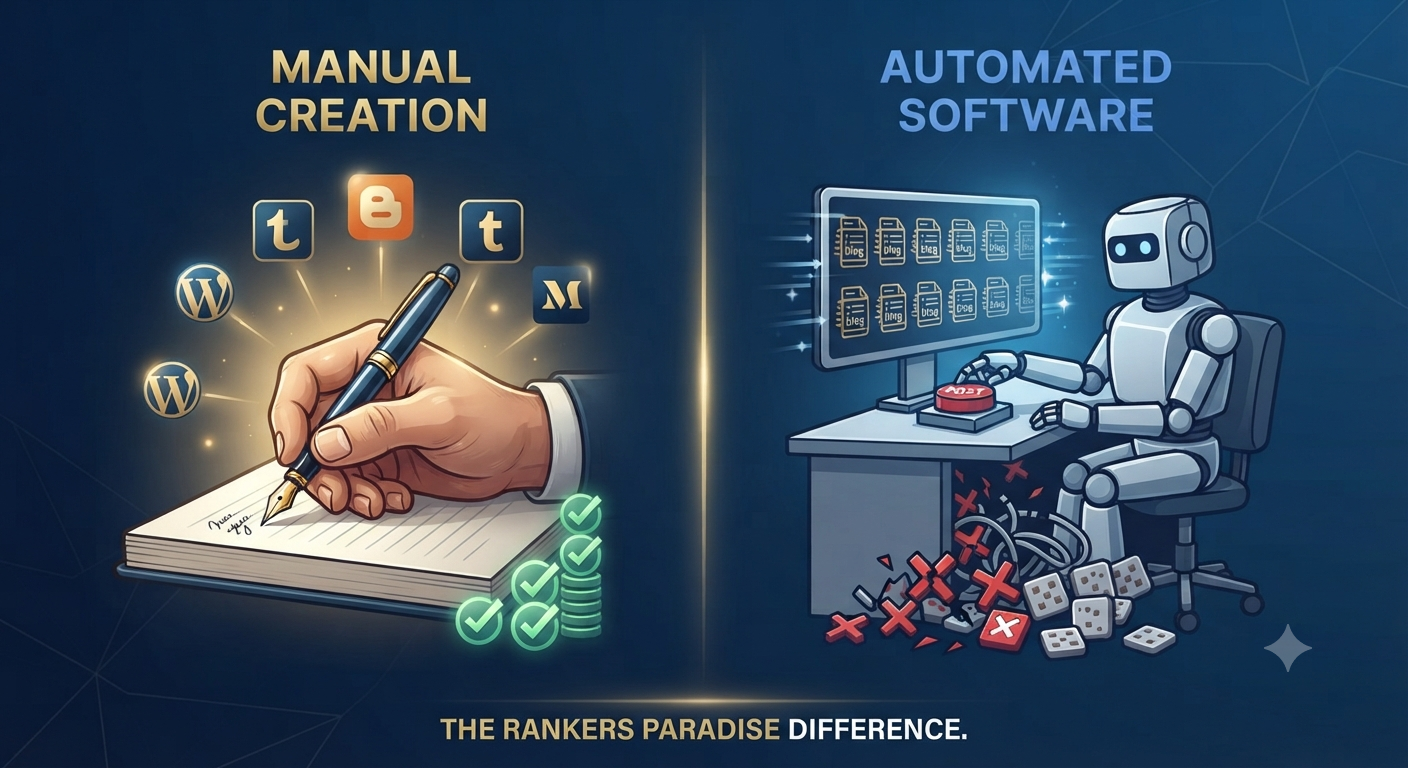 Infographic comparing high-quality manual Web 2.0 content creation against low-quality automated software spam for SEO link building.