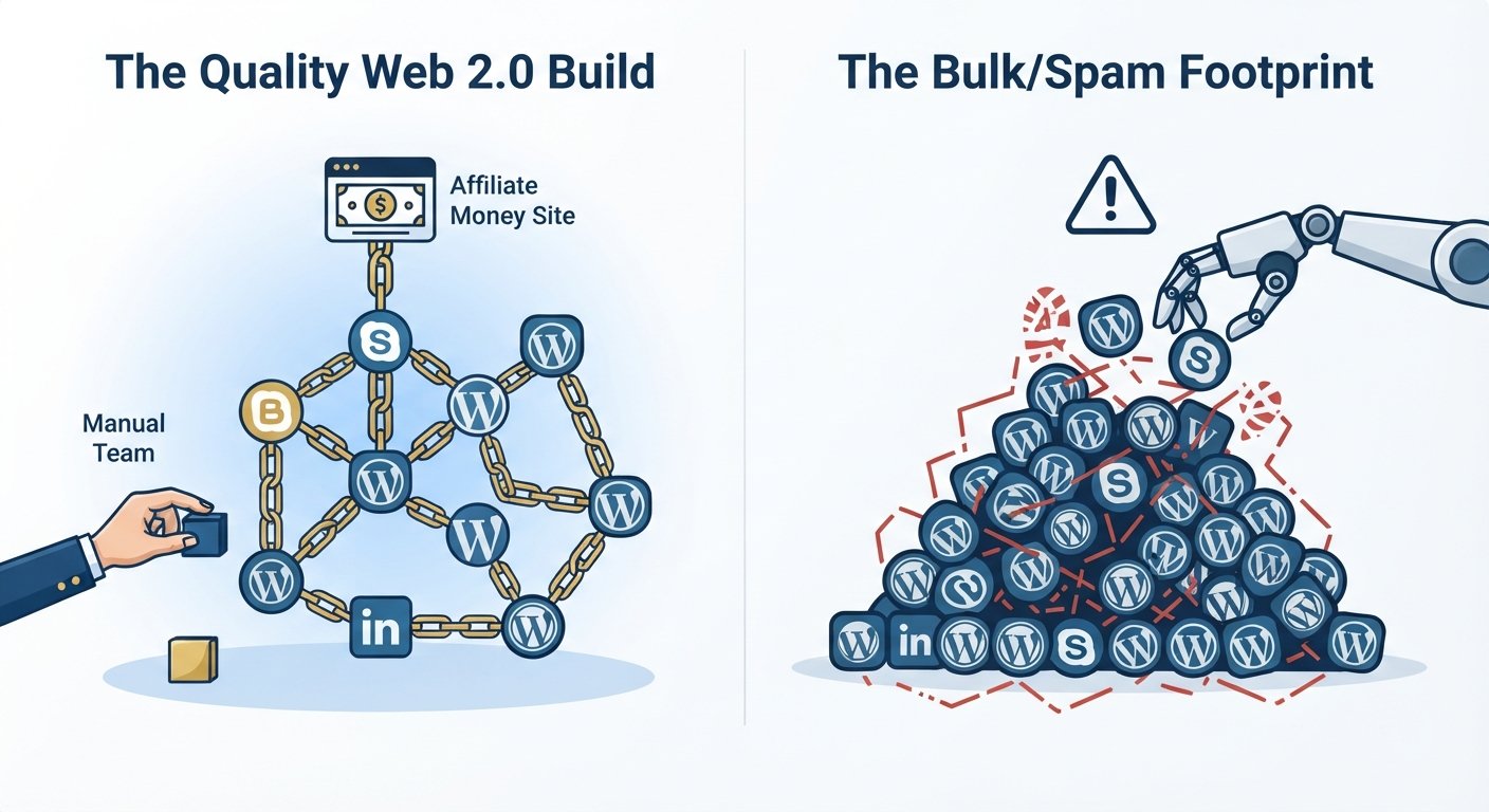 Infographic comparing safe manual Web 2.0 link building vs. dangerous bulk spam footprints.