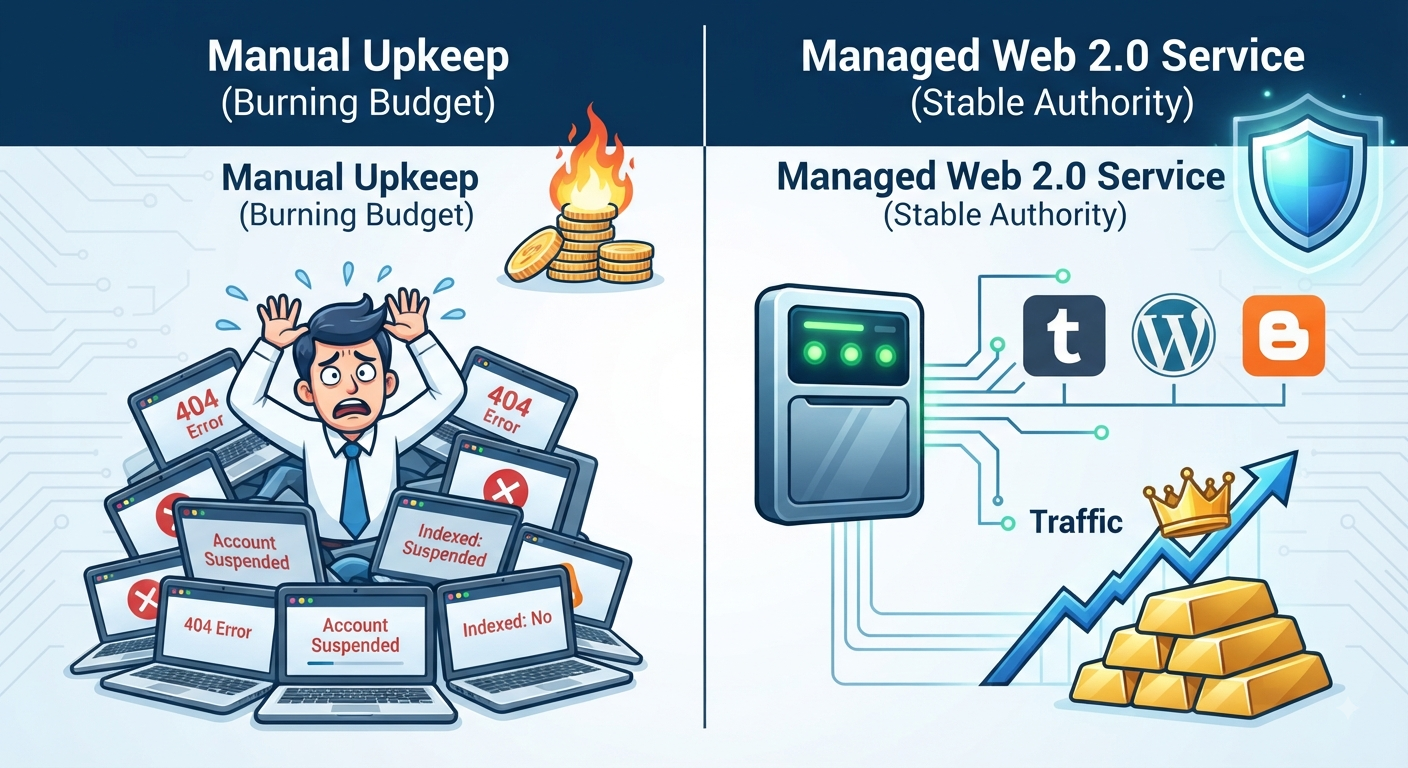 Infographic comparing manual Web 2.0 maintenance issues with Rankers Paradise managed services.
