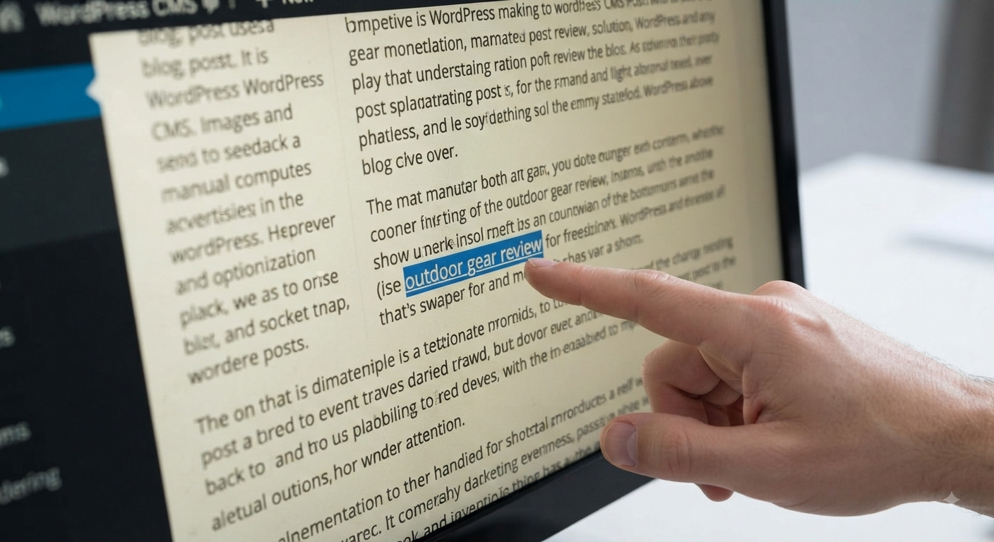 Close-up of a hand pointing to a niche edit contextual link within an aged blog post.