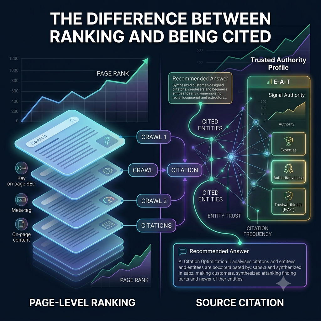 Infographic visually contrasting the elements of standard page-level ranking with the trust and authority signals required for AI source citation