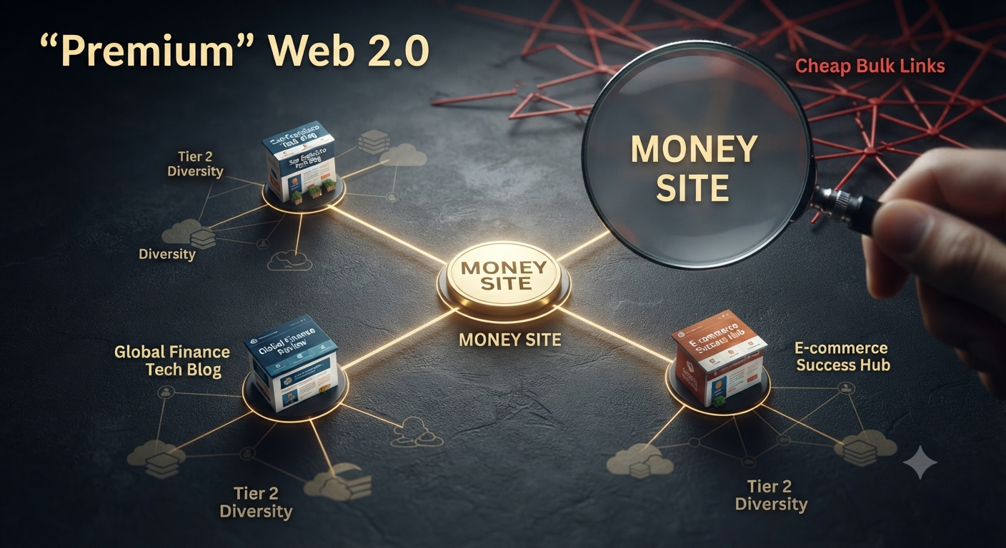A macro visualization contrasting a safe, structured premium Web 2.0 tiered link building network against a tangled web of cheap, bulk links.