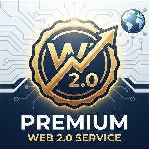 A professional infographic icon featuring a gold and blue seal with an upward-trending arrow, representing a premium Web 2.0 link building service for SEO.