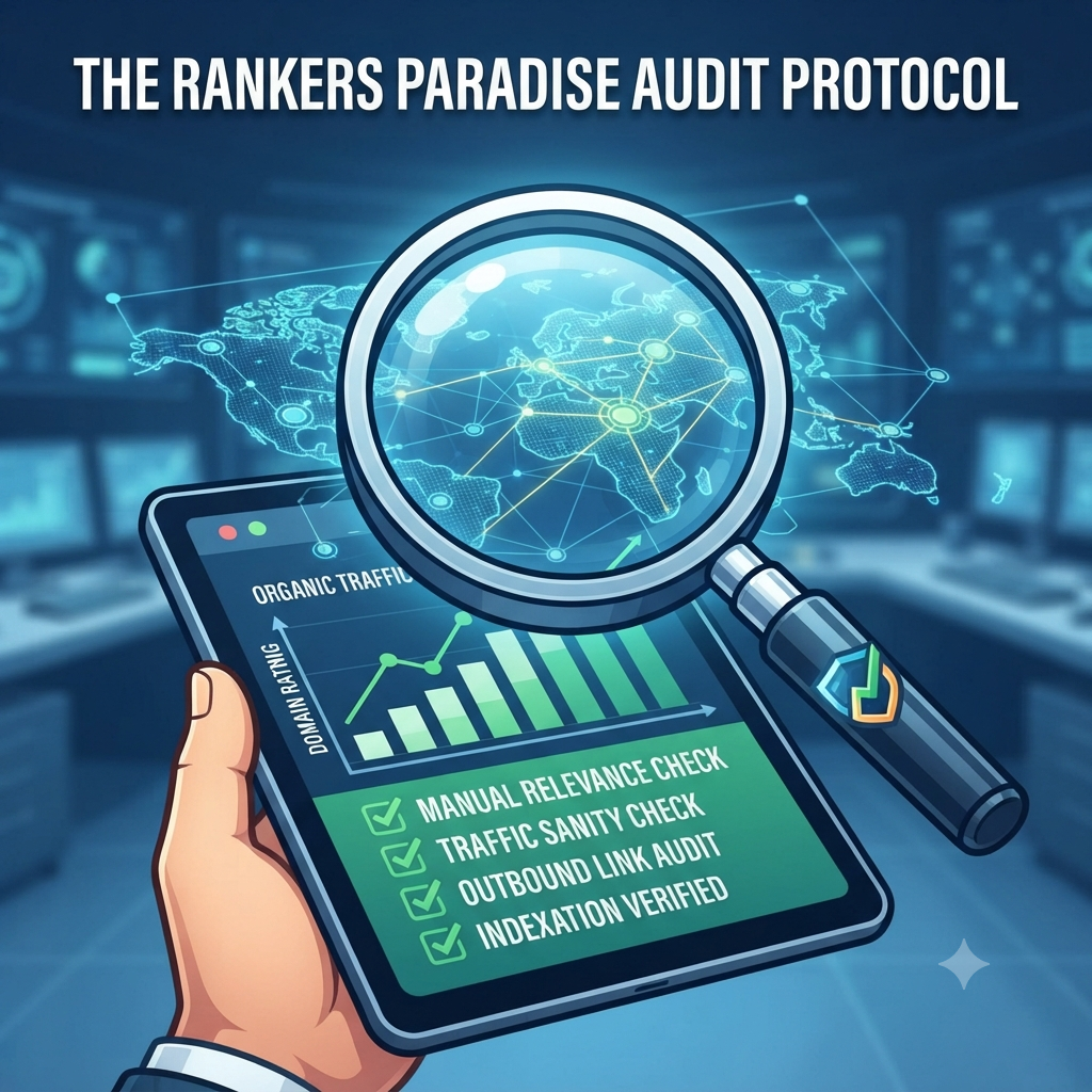 Digital illustration of a magnifying glass performing a detailed SEO audit on website data and traffic charts.