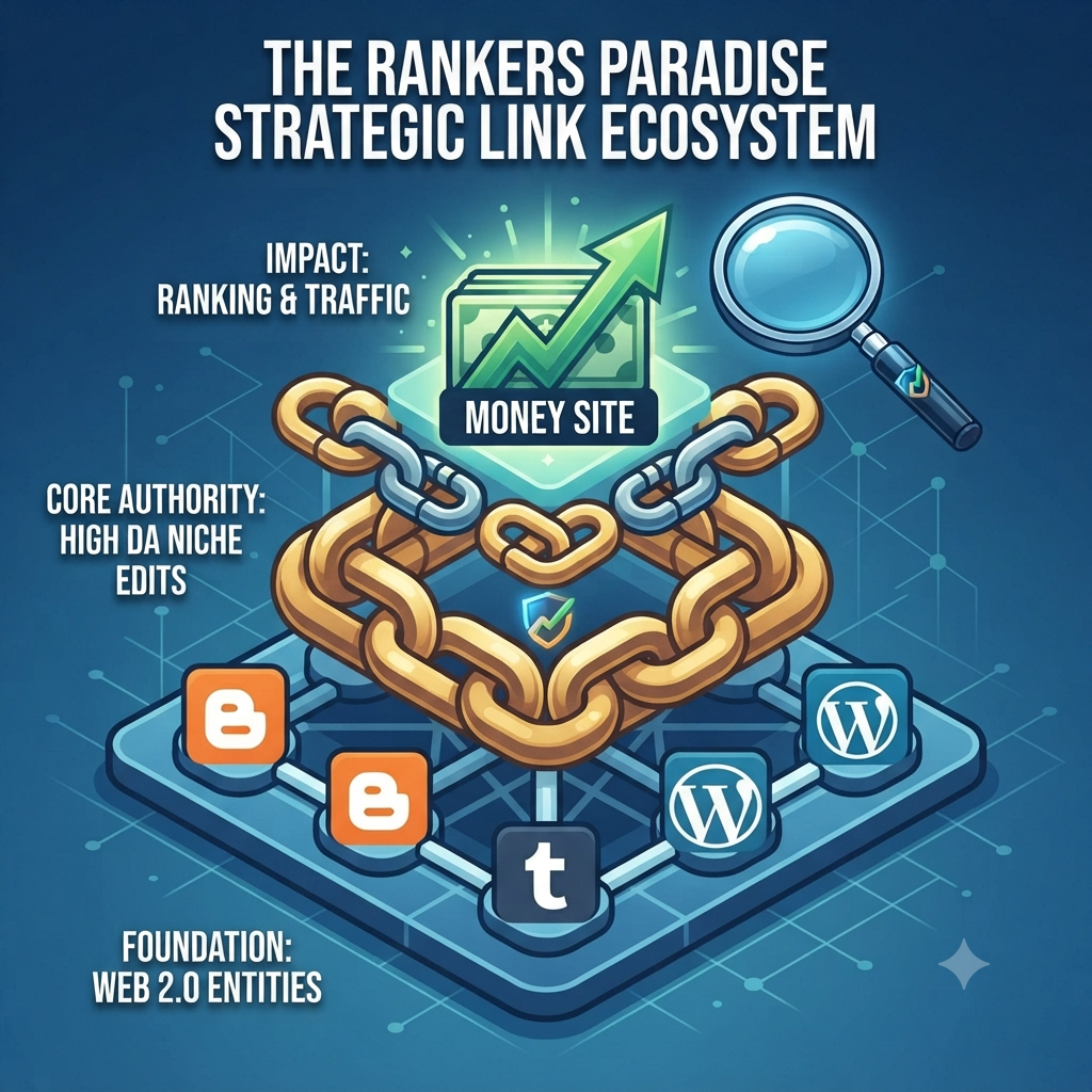 Isometric infographic visualizing a comprehensive SEO strategy: Web 2.0 foundation, High DA Niche Edit core authority, and money site traffic impact.