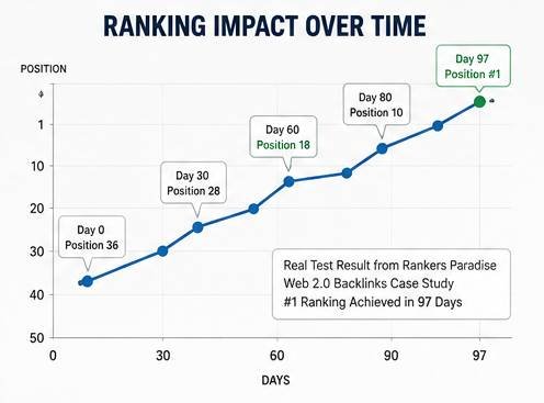 Backlink ranking improvement over time reaching number one in Google after 97 days