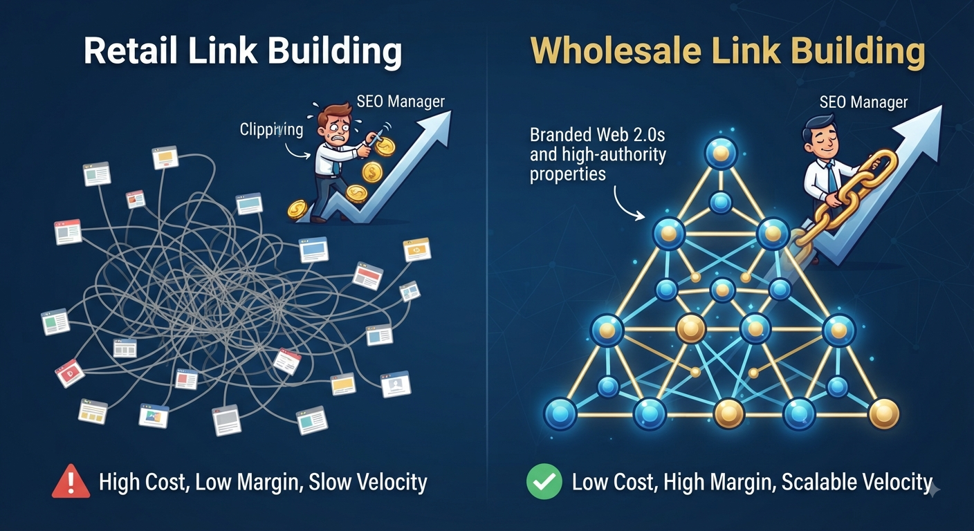 Infographic comparing the high cost of retail SEO to the high margin of wholesale backlink services.