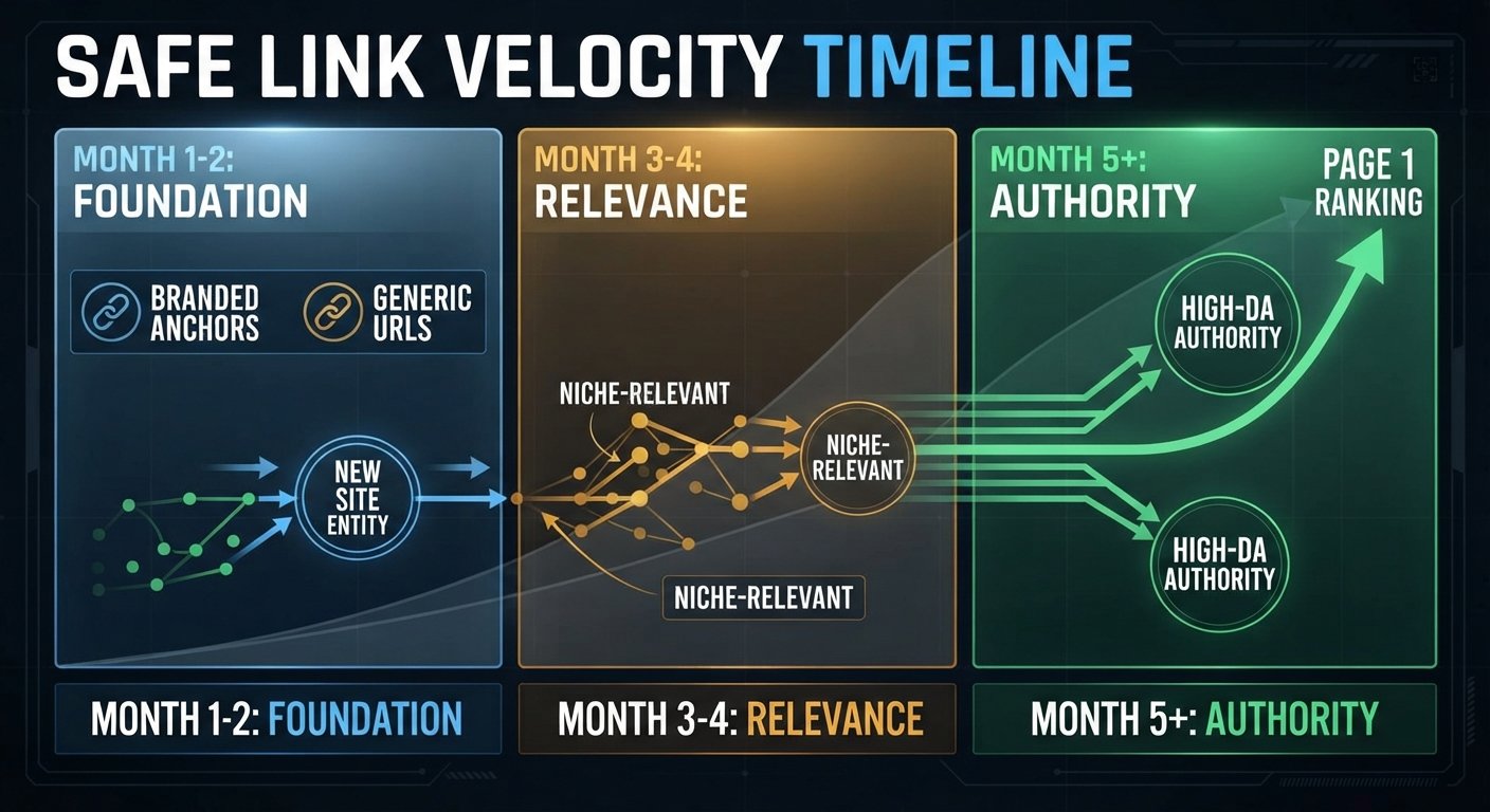 A conceptual infographic, styled as a high-tech schematic, showing a horizontal timeline with three color-coded phases (Month 1-2: Foundation, Month 3-4: Relevance, Month 5+: Authority) illustrating controlled acceleration of green data points toward a Page 1 Ranking.