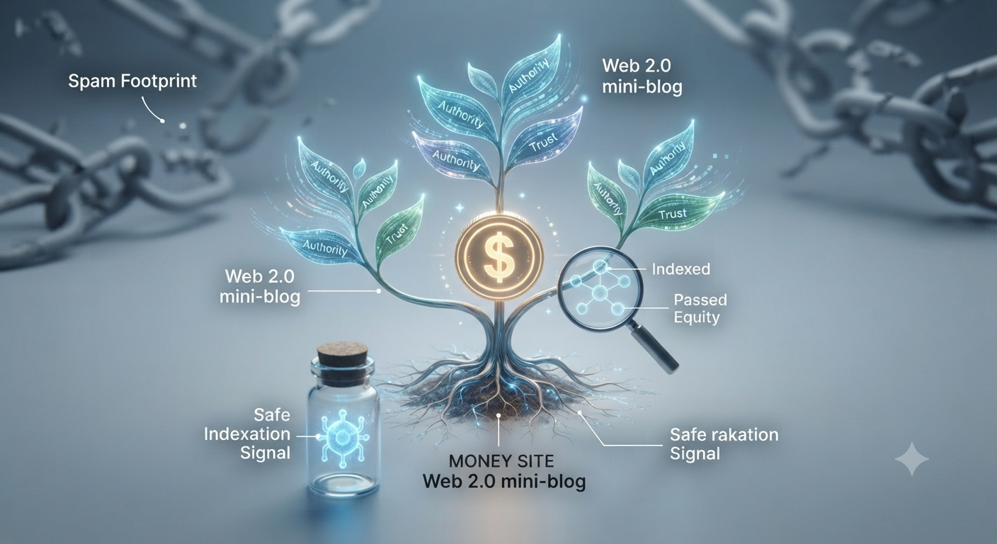 A conceptual macro photograph of a healthy, glowing digital ecosystem where unique Web 2.0 properties are securely rooted and successfully indexed, contrasting with a distant, tangled spam footprint.