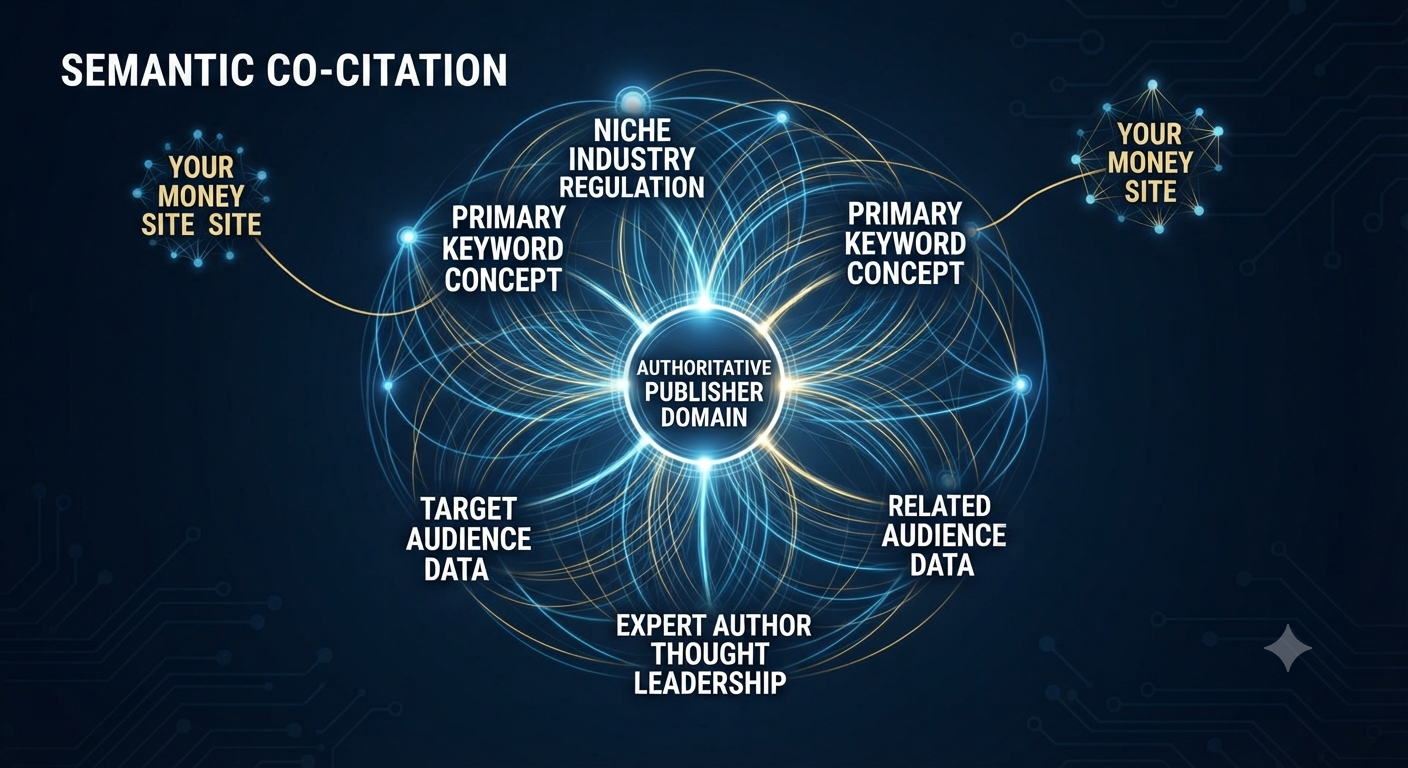 Complex network visualization showing a central authoritative publisher domain connected to multiple related topic nodes (industry, regulation, brand), with the money site linked only to the primary concept.
