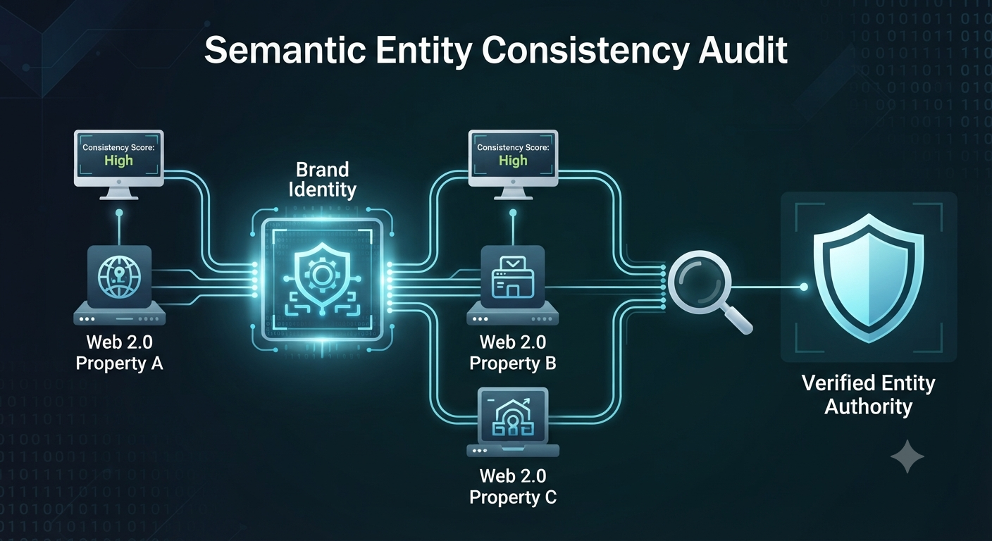 An infographic visualizing a consistency audit, showing data flowing from multiple Web 2.0 properties to verify centralized brand authority.