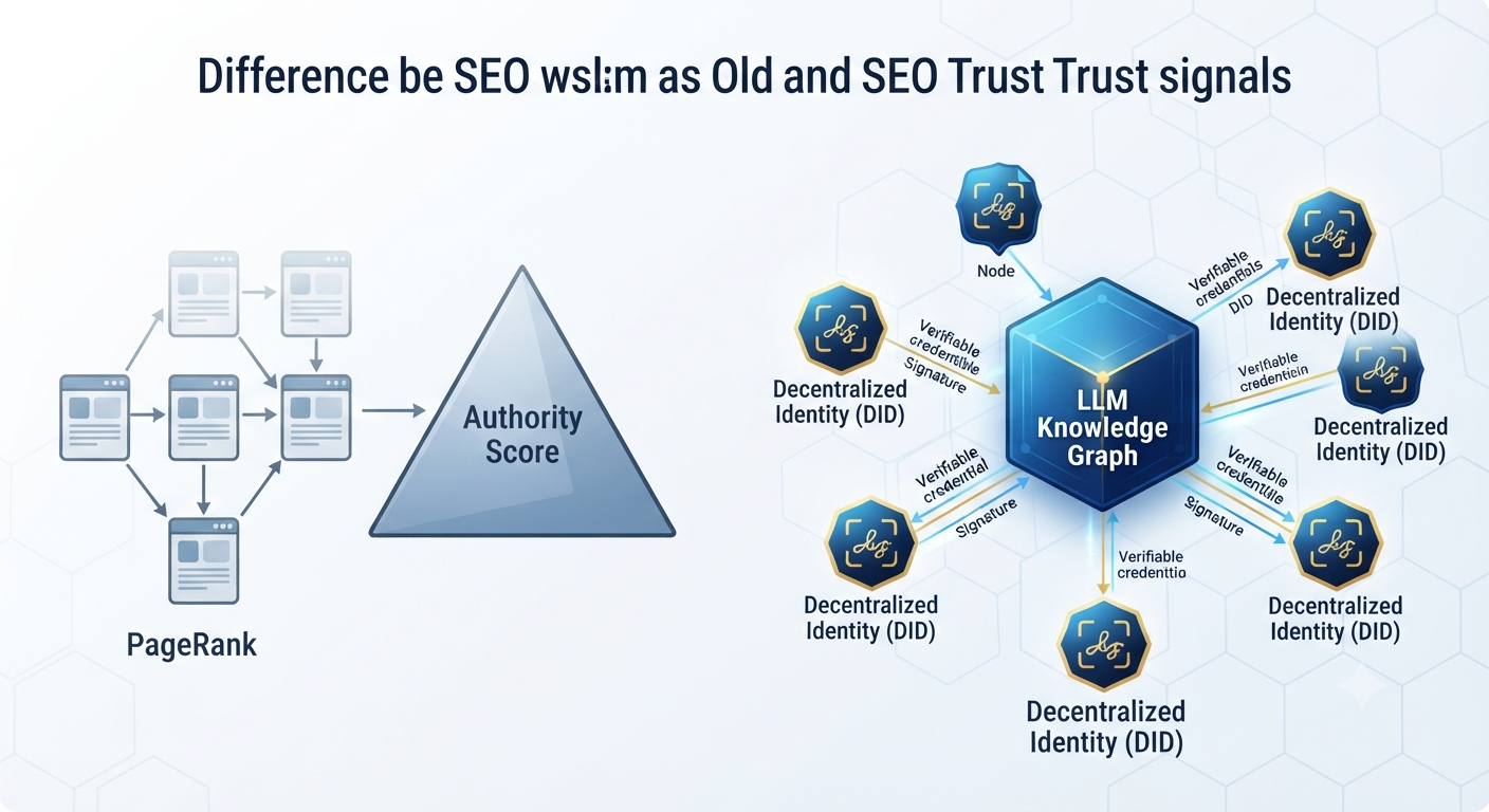 An illustration contrasting traditional PageRank pyramids with a modern decentralized identity network connected to an LLM.