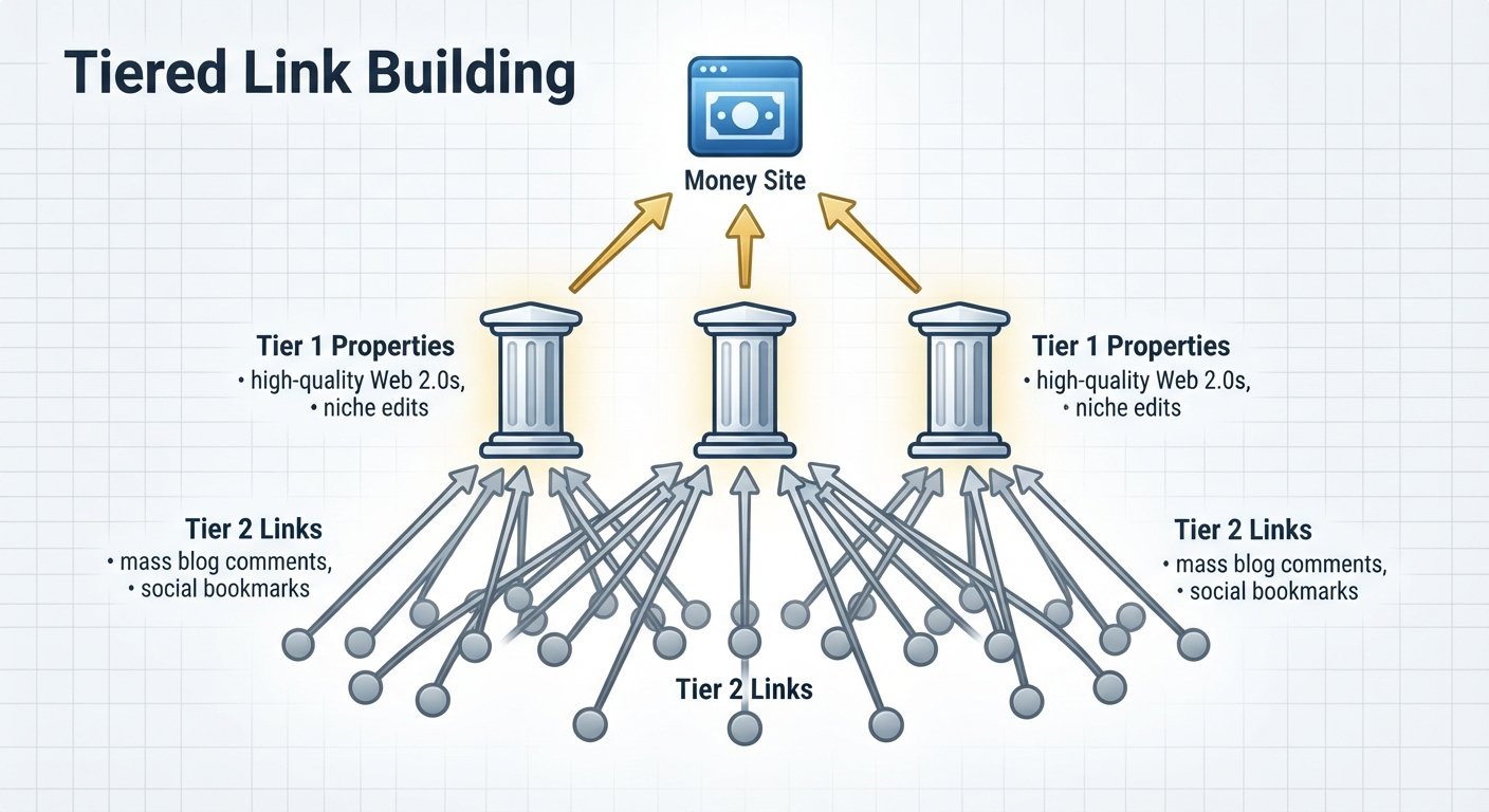An instructional diagram showing a 'Money Site' at the top receiving safe, gold-arrow links from three 'Tier 1 Properties,' which are themselves supported by a broad base of 'Tier 2 Links.'