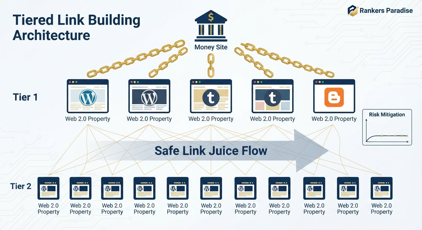 Infographic detailing the workflow and safety of tiered Web 2.0 link building for SEO.