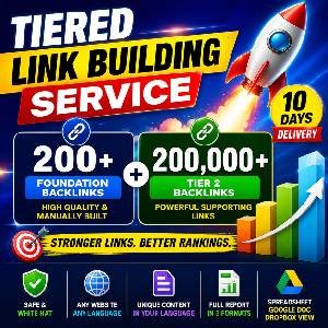 Tiered link building service with 200 foundation backlinks and 200,000 Tier 2 backlinks