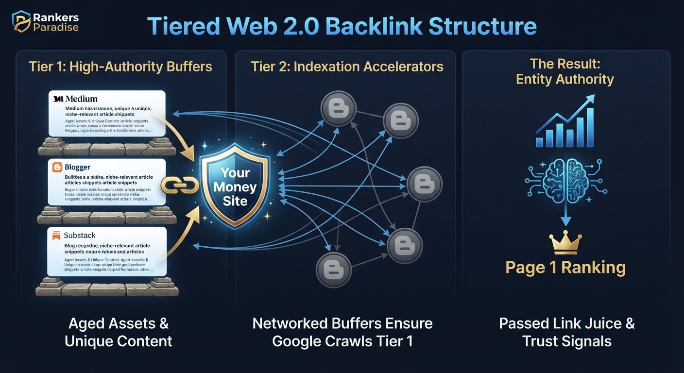 Infographic showing Tiered Web 2.0 Backlink structure for SEO indexation