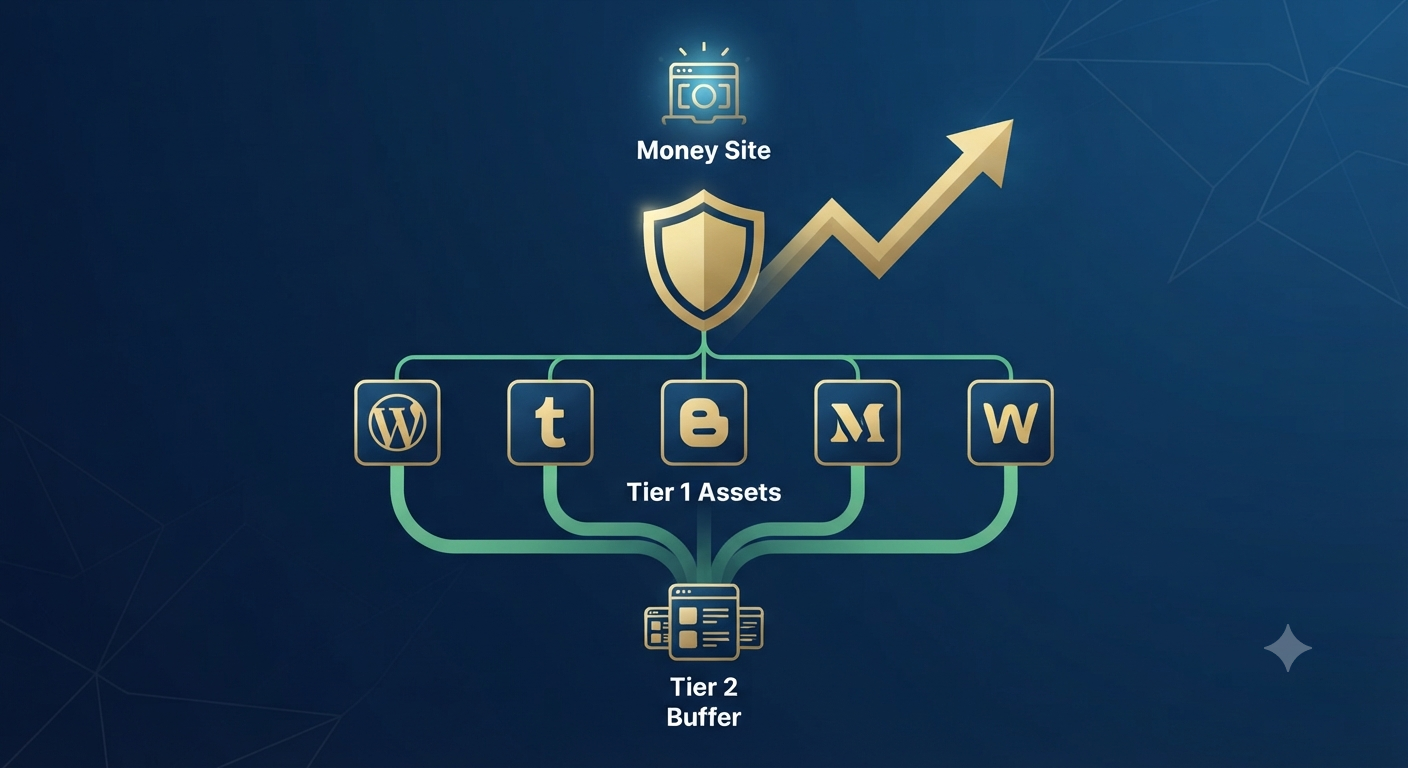 Infographic visualizing a safe, tiered Web 2.0 backlink strategy distributing authority from Tier 1 assets to a money site.