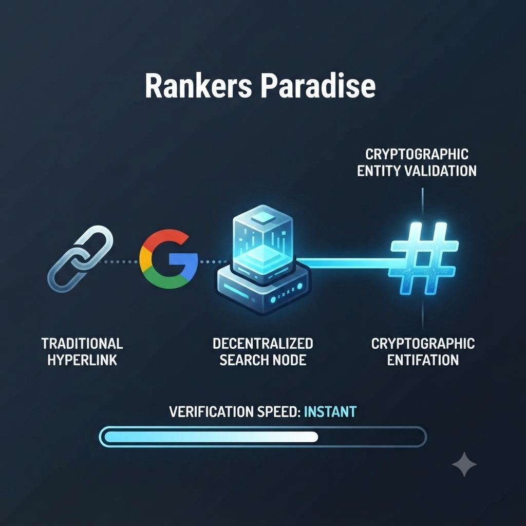 Infographic comparing a weak traditional hyperlink connection to a robust cryptographic entity validation link in a decentralized search network.