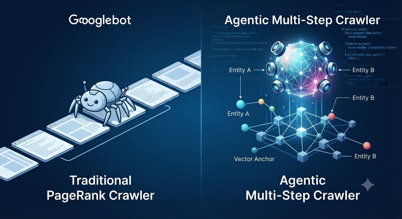 Illustration comparing traditional PageRank crawlers vs. advanced agentic multi-step crawlers.