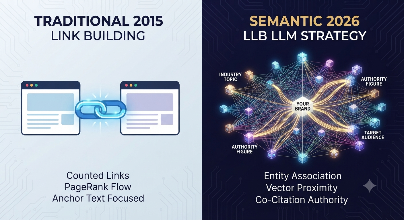Infographic comparing traditional 2015 link building (simple chain links) vs. modern 2026 semantic strategy (complex knowledge graph with entity associations).