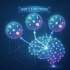 An abstract infographic illustrating vector embedding clustering for Web 2.0 semantic indexing, showing AI neural networks grouping decentralized platform nodes.