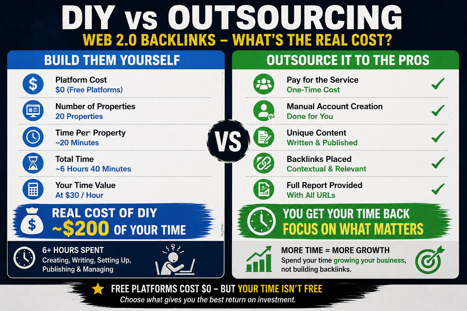 DIY vs outsourcing Web 2.0 backlinks showing time and cost comparison