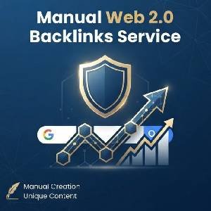 Professional SEO infographic illustrating a safe, manual Web 2.0 backlinks service driving website growth.