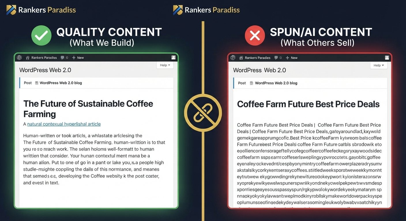 Visual comparison of high-quality Web 2.0 content versus low-quality spun content