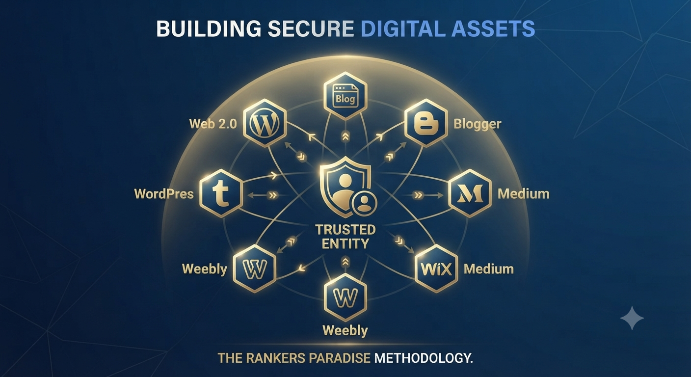 Infographic visualizing a secure, decentralized network of high-authority Web 2.0 properties orbiting a central trusted entity for safe SEO.