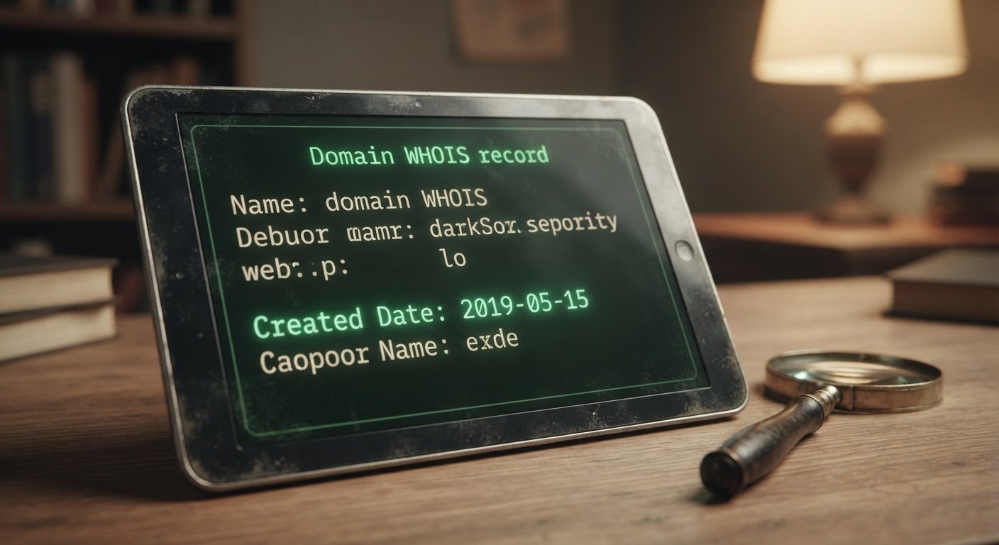 A close-up of a vintage tablet displaying a historical WHOIS record, proving the 2019 creation date of a Web 2.0 property.