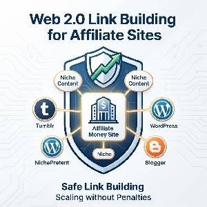 Infographic illustrating safe Web 2.0 link building strategy for affiliate money sites.