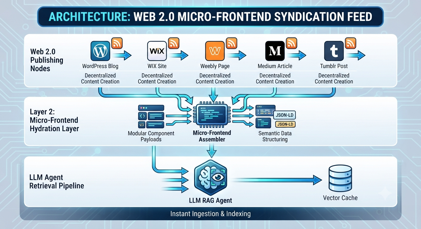 Technical architecture diagram showing Web 2.0 nodes feeding micro-frontend syndication layers for LLM agent retrieval.