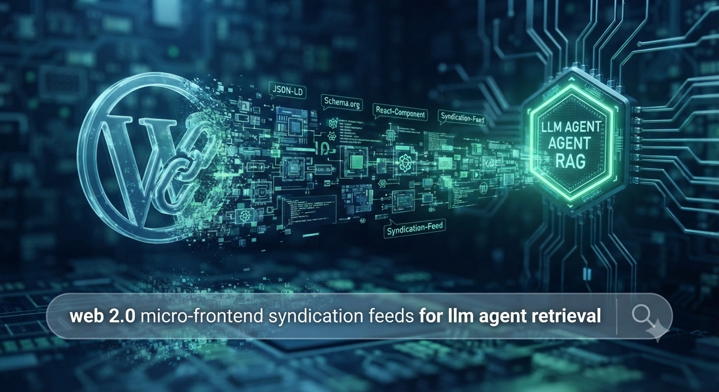 Microscopic view of Web 2.0 micro-frontend syndication feeds being ingested by an LLM agent.
