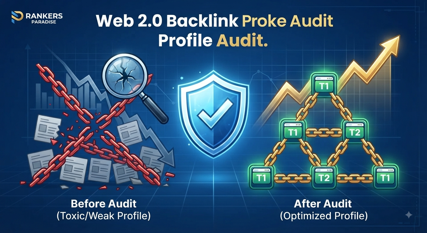 Before and after infographic showing a chaotic link profile transformed into a structured, optimized pyramid by Rankers Paradise.