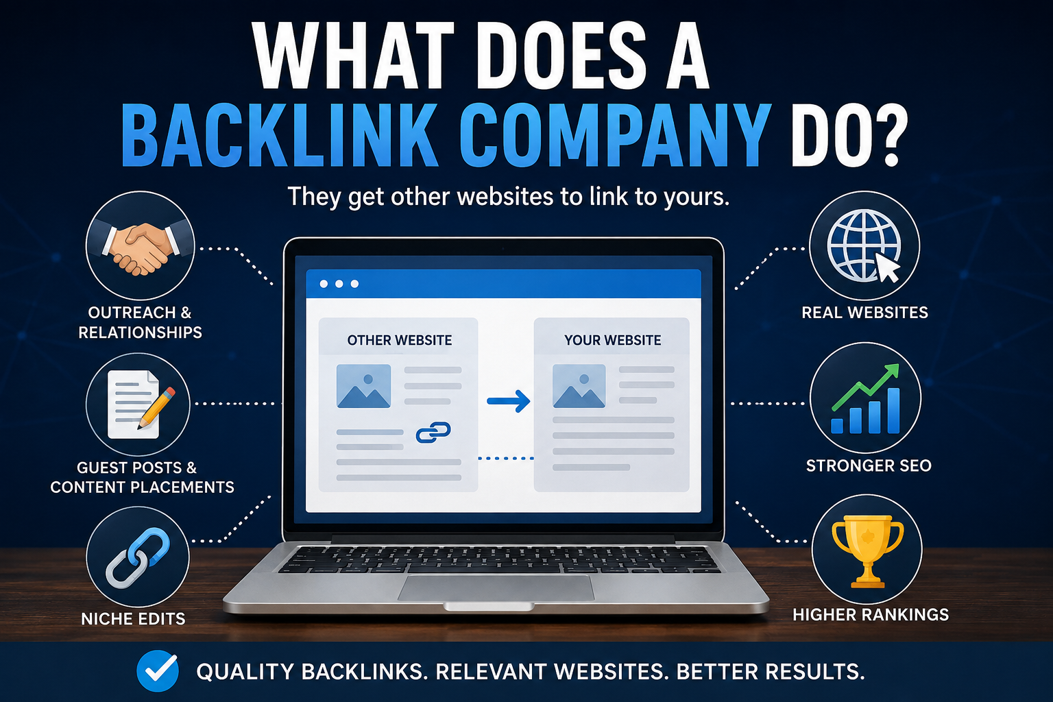 What a backlink company does including outreach, guest posts, niche edits and SEO link building