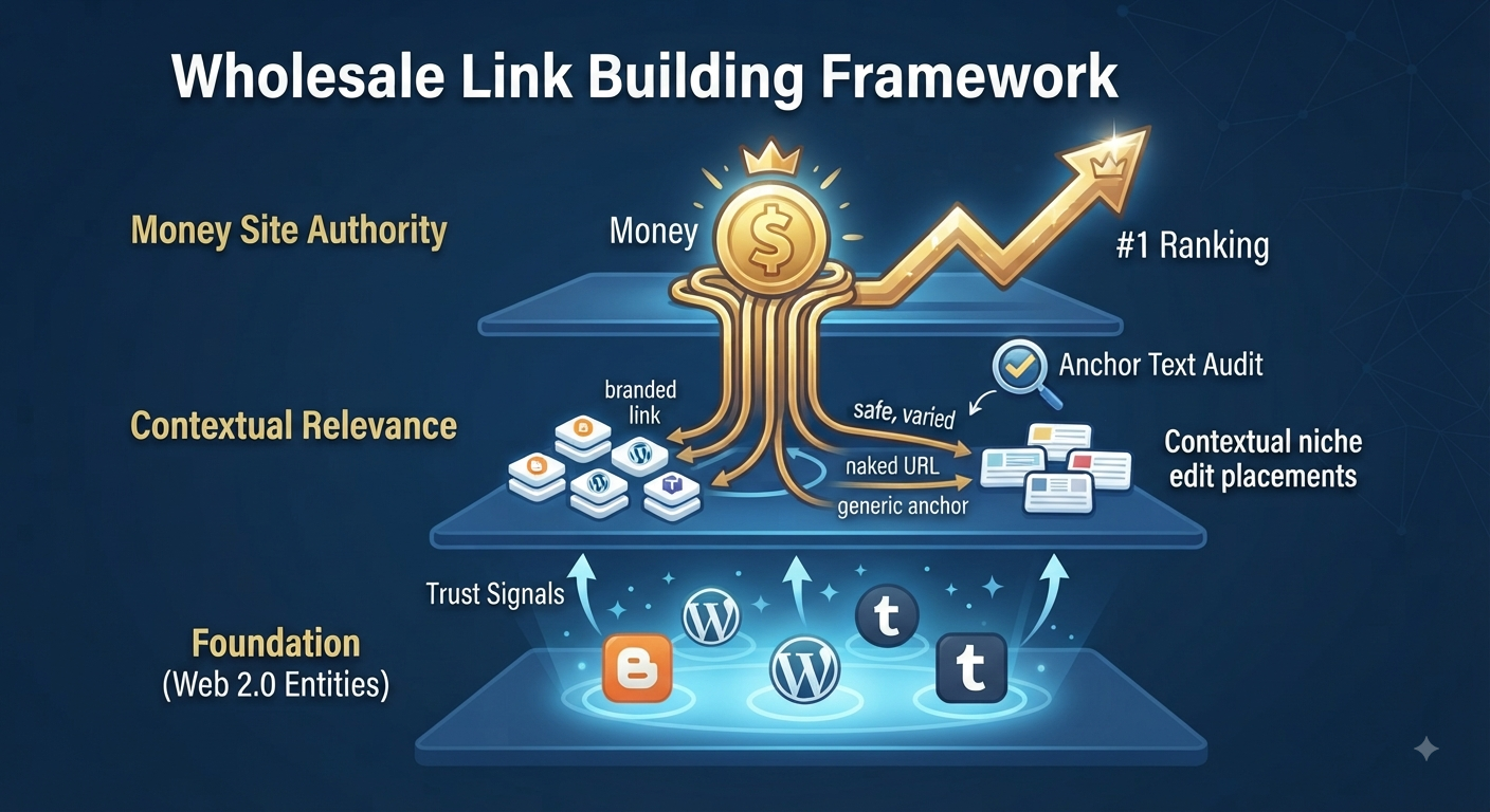 Infographic detailing the three-tier safe wholesale link building process: Foundation, Contextual Relevance, and Money Site Authority.