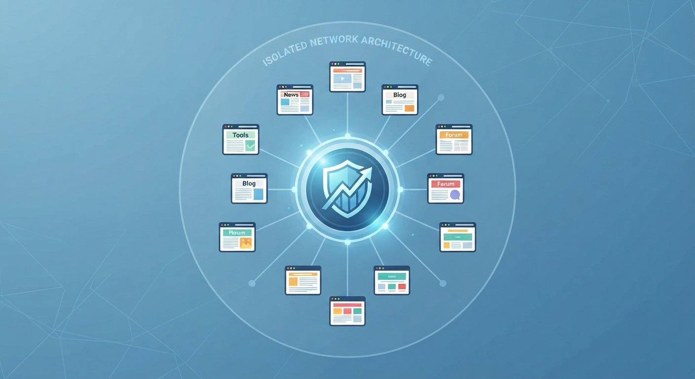 A technical vector illustration showing a central secure hub connected radially to multiple isolated website nodes, representing a footprint-free private blog network.