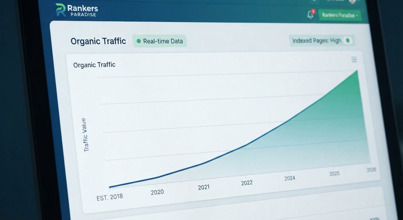 SEO dashboard showing organic traffic growth over years due to aged backlinks.