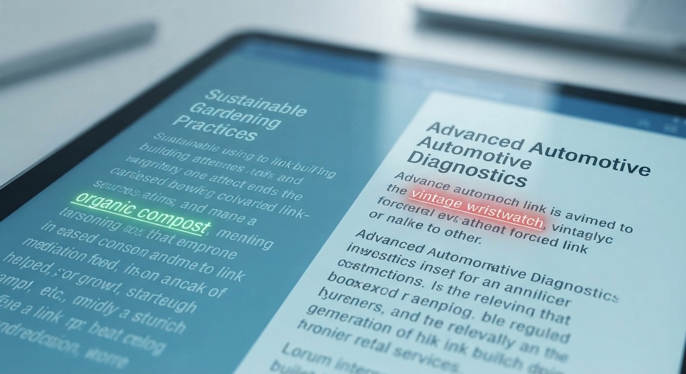 Conceptual image contrasting a relevant contextual backlink against an irrelevant spam link.