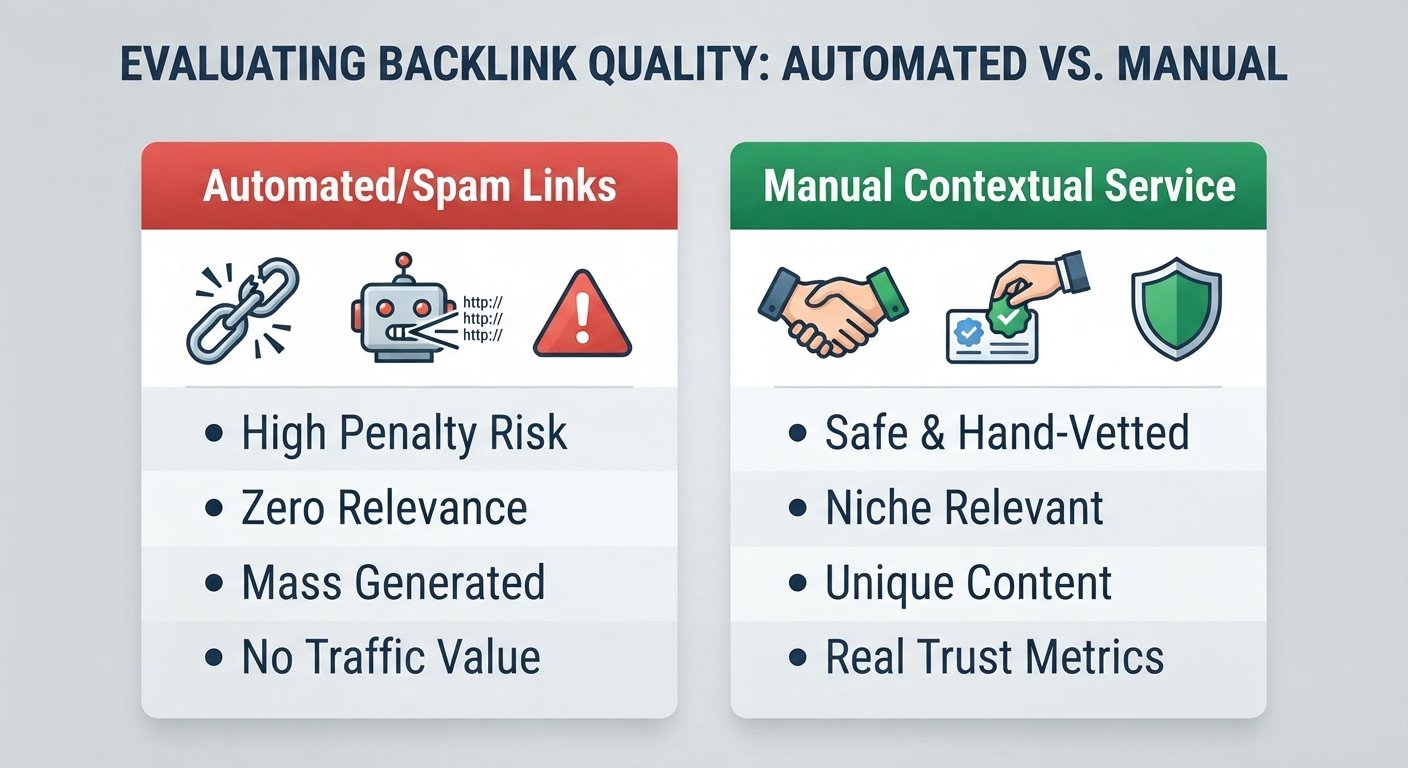 Comparison chart contrasting automated spam links with safe manual contextual services.